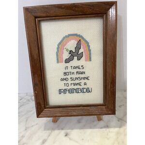 VTG 90's Framed Cross Stitch "It Takes Both Rain & Sunshine To Make A Rainbow"